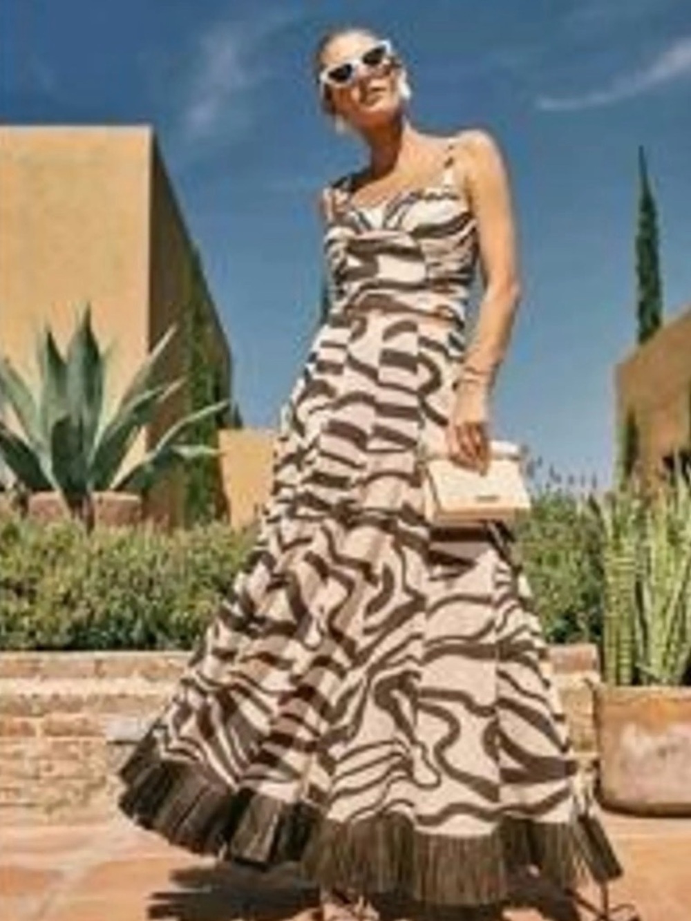 ANTONIO MELANI Style Somers Swirl Print Linen Blend Straw Trim Two Piece Set